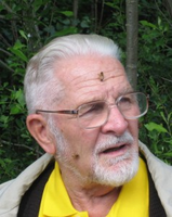 Portret fotograficzny Jerzego Woyke z żywymi pszczołami chodzącymi po twarzy profesora m.in. na czole i policzku.