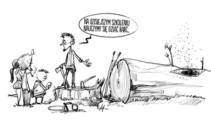 Ilustracja ścinania drzewa, po to aby osadzić w nim dzikie pszczoły